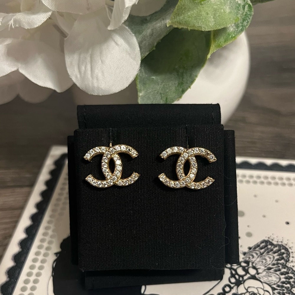 CHANEL Classic Gold Crystal CC Clip On Stud Earrings